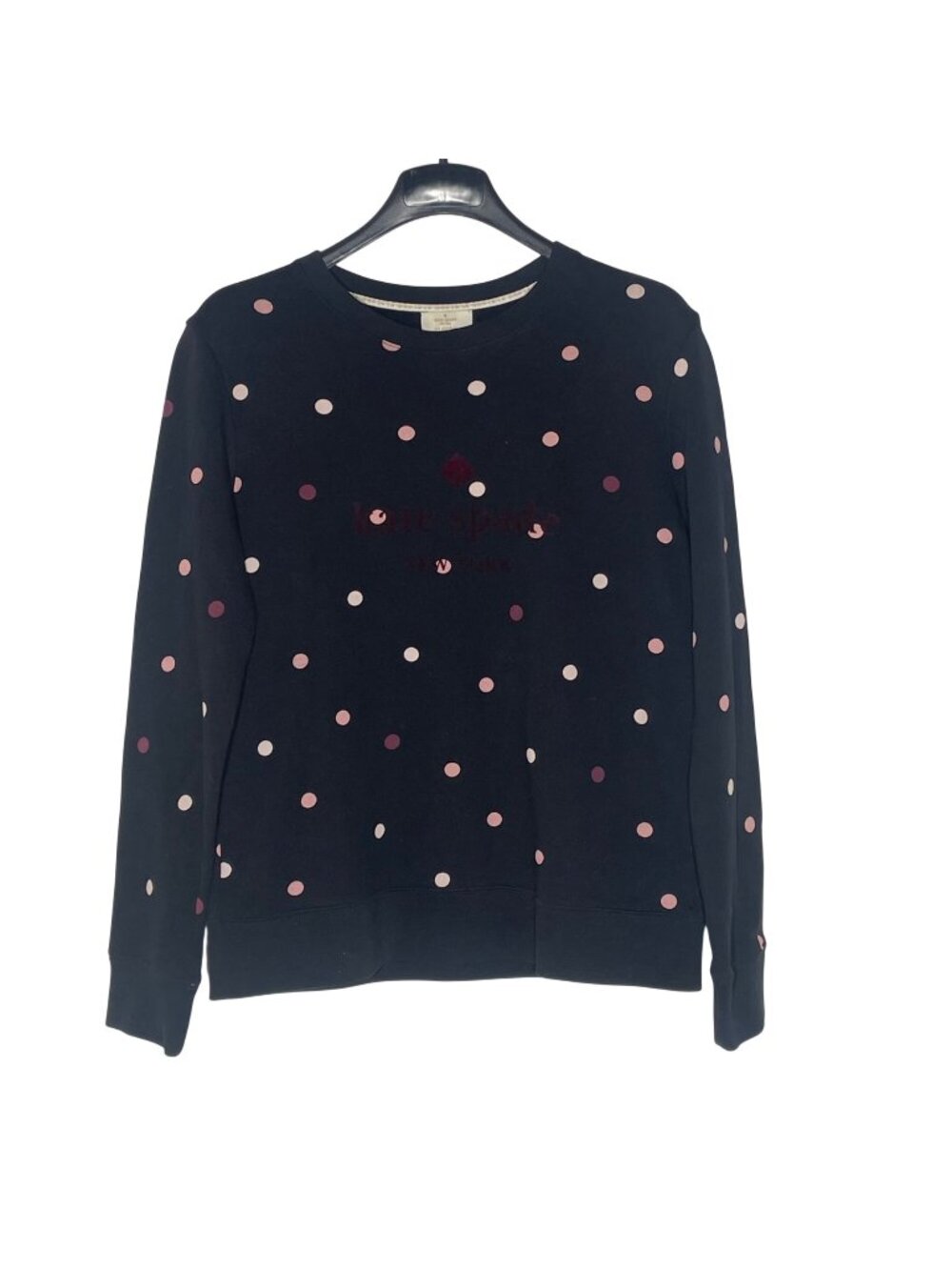 Kate Spade Polka Dot Velvet Logo Pullover Sweatshirt Sz SM Black Pink